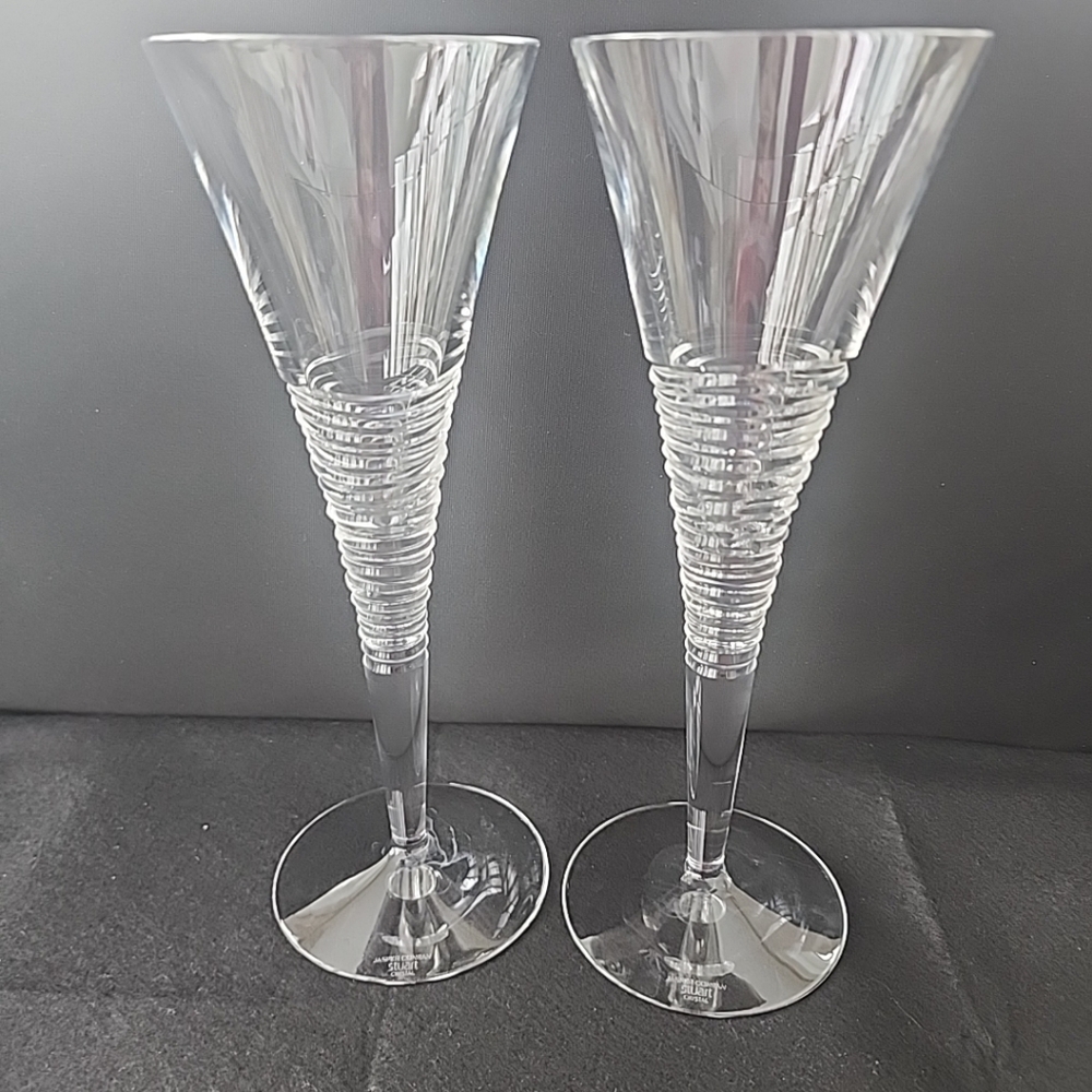 STUART Crystal Champagne Flutes Set of 2 STRATA Jasper Conran Glasses 10.25"